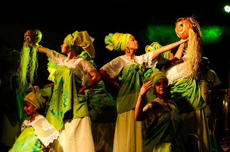 Group of Women Wearing Green-and-white Dresses